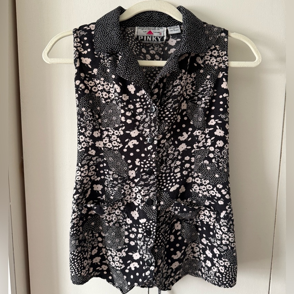 Y2K tie waist top Vintage Pinky Black Floral Button-Up Blouse w Corset Back Ties - Picture 6 of 10
